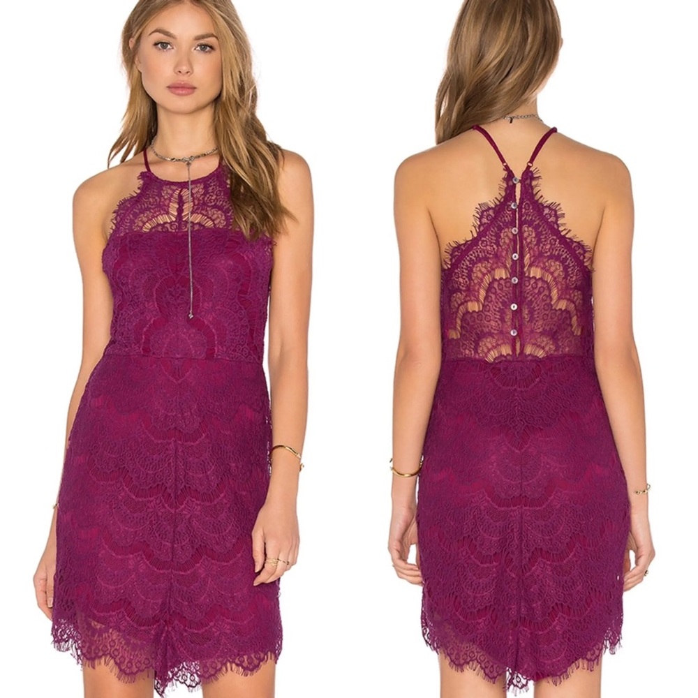 Free People She’s Got It Lace Mini Slip Dress Bodycon High Neck Plum Size S